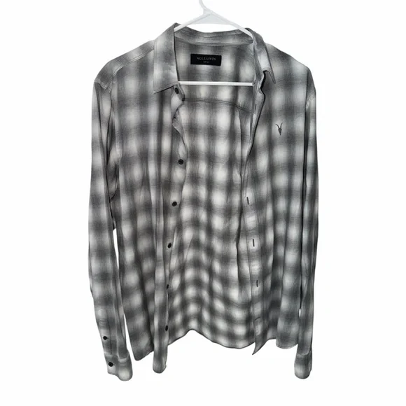 All Saints Men's Gray and White Plaid Shirt - Picture 1 of 7